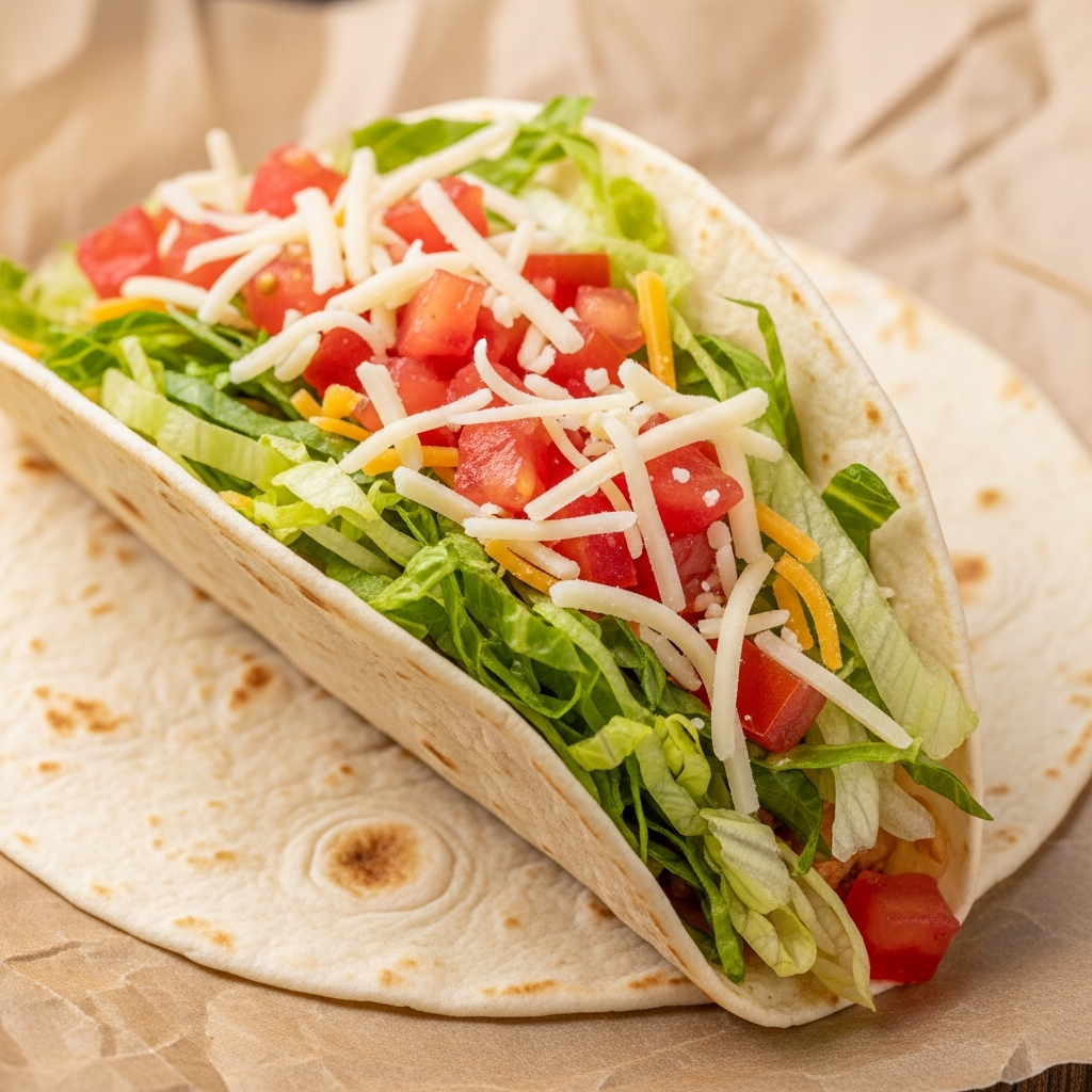 A close-up of a fresh flour tortilla taco filled with shredded green lettuce, diced tomatoes, and cheese, resting on a brown parchment paper sheet.