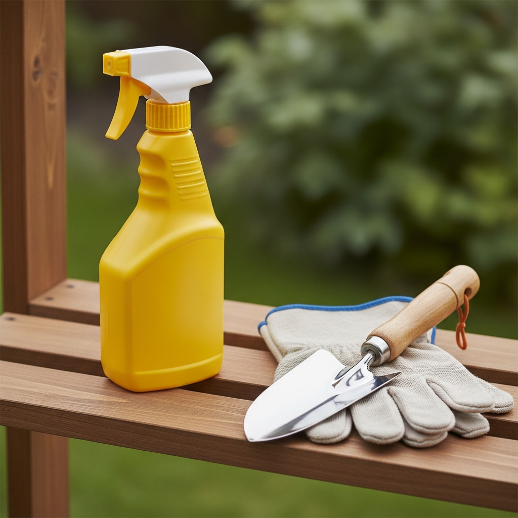 A plastic bottle of weedkiller spray with a yellow nozzle sitting on a garden shelf next to a pair of work gloves and a small hand trowel.