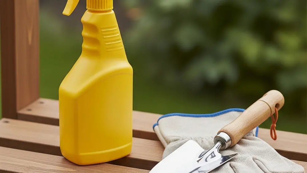 A plastic bottle of weedkiller spray with a yellow nozzle sitting on a garden shelf next to a pair of work gloves and a small hand trowel.