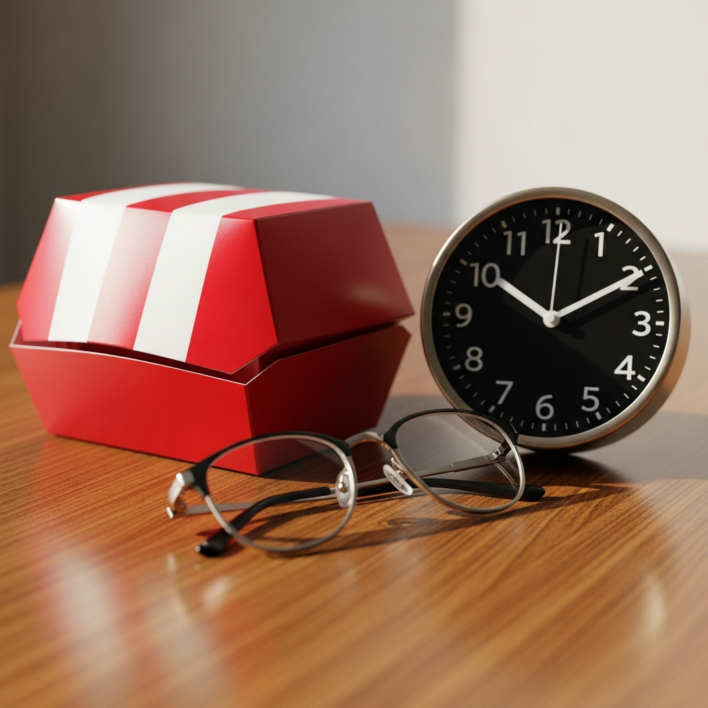 A red and white fast-food container sitting on a wooden table next to a pair of eyeglasses and a clock, representing a missed lunch break.