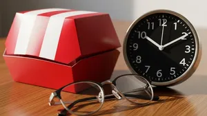 A red and white fast-food container sitting on a wooden table next to a pair of eyeglasses and a clock, representing a missed lunch break.