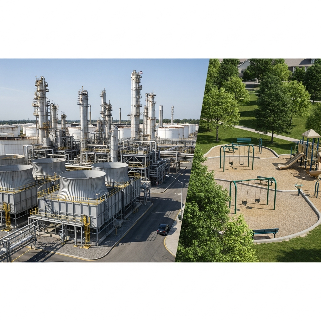 A large industrial chemical facility with cooling towers and storage tanks located adjacent to a suburban park with a playground.