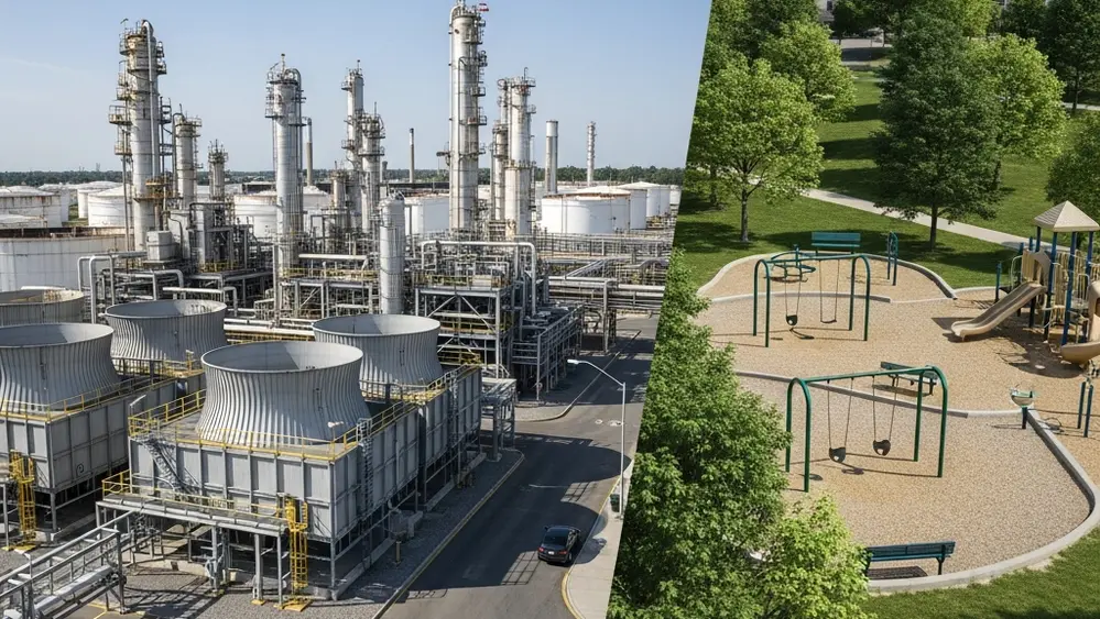 A large industrial chemical facility with cooling towers and storage tanks located adjacent to a suburban park with a playground.