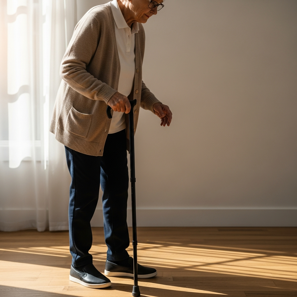 An elderly person with a cane walking cautiously across a wooden floor with soft sunlight coming through a nearby window, symbolizing physical vulnerability.