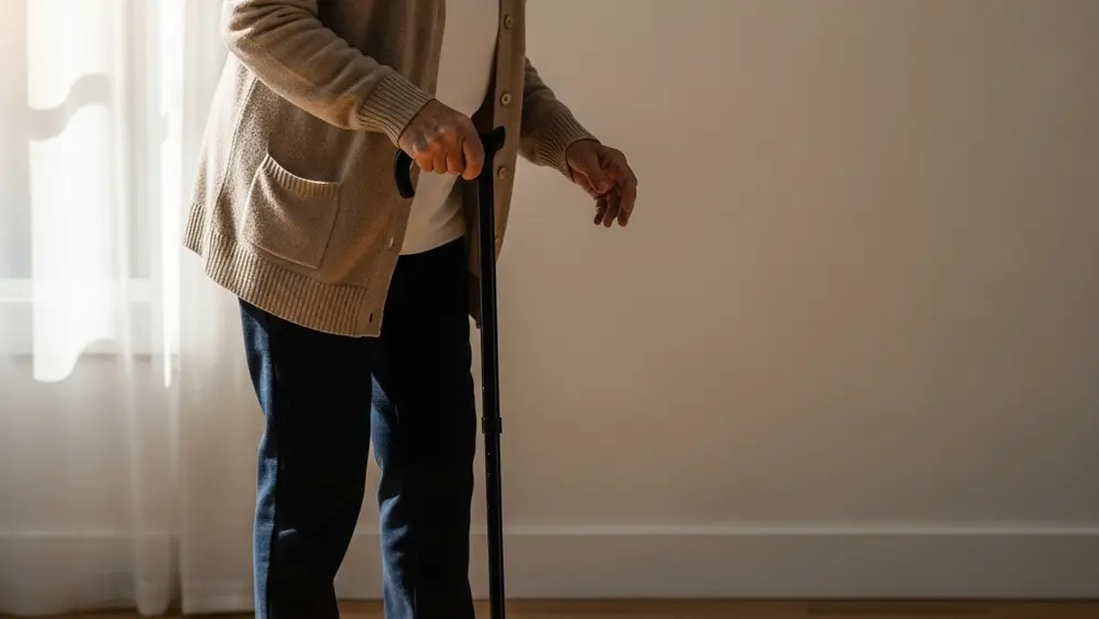 An elderly person with a cane walking cautiously across a wooden floor with soft sunlight coming through a nearby window, symbolizing physical vulnerability.
