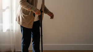 An elderly person with a cane walking cautiously across a wooden floor with soft sunlight coming through a nearby window, symbolizing physical vulnerability.