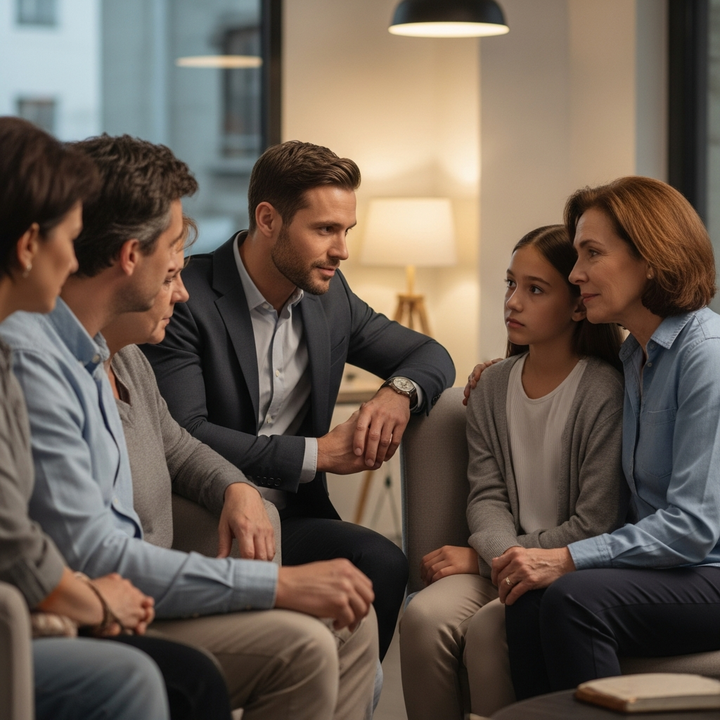 A compassionate legal professional sitting with a grieving family in a soft-lit office setting, symbolizing support and legal guidance during a difficult survival action case.