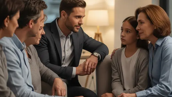 A compassionate legal professional sitting with a grieving family in a soft-lit office setting, symbolizing support and legal guidance during a difficult survival action case.