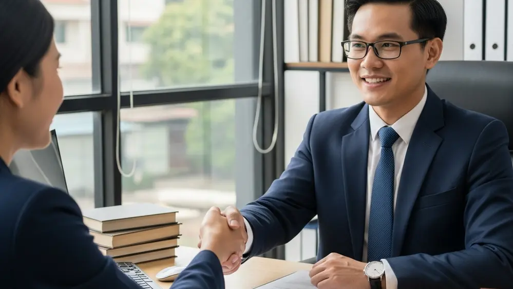 A professional attorney sits across a desk from a client, offering a handshake in a bright, modern office setting with large windows and books in the background.