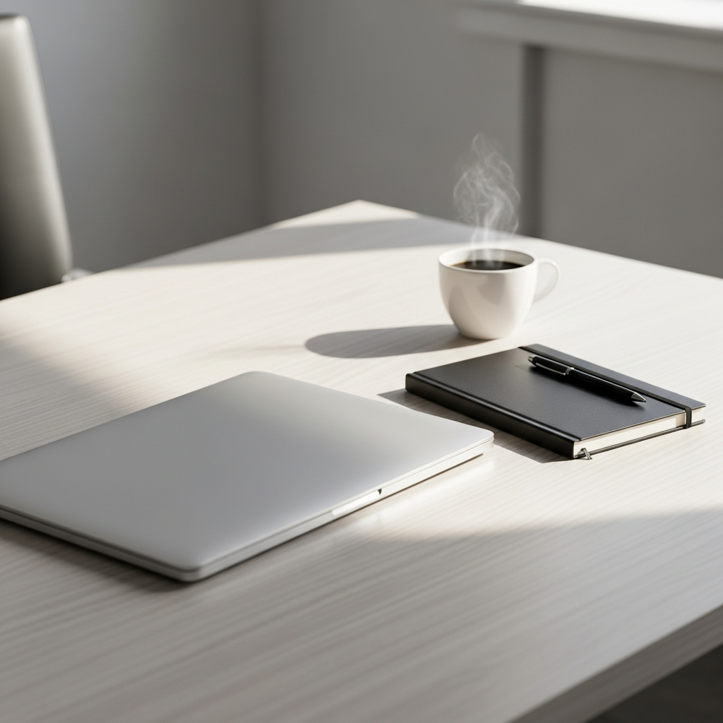 A minimalist modern workspace with a sleek laptop closed on a wooden desk next to a professional notebook and a cup of coffee, symbolizing the intellectual effort and creative process of software engineering and app development.