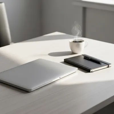 A minimalist modern workspace with a sleek laptop closed on a wooden desk next to a professional notebook and a cup of coffee, symbolizing the intellectual effort and creative process of software engineering and app development.