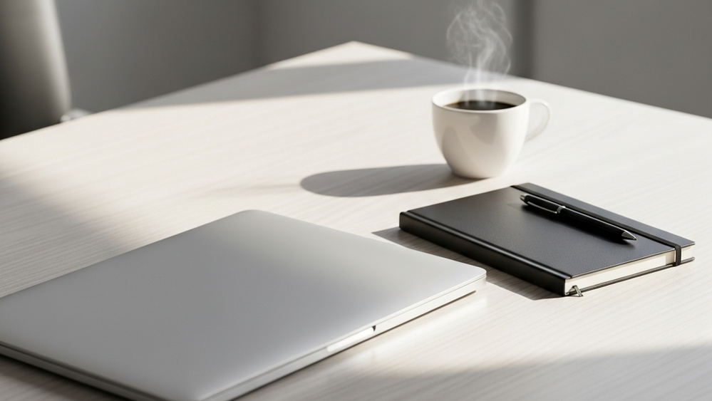 A minimalist modern workspace with a sleek laptop closed on a wooden desk next to a professional notebook and a cup of coffee, symbolizing the intellectual effort and creative process of software engineering and app development.