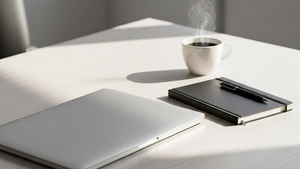 A minimalist modern workspace with a sleek laptop closed on a wooden desk next to a professional notebook and a cup of coffee, symbolizing the intellectual effort and creative process of software engineering and app development.