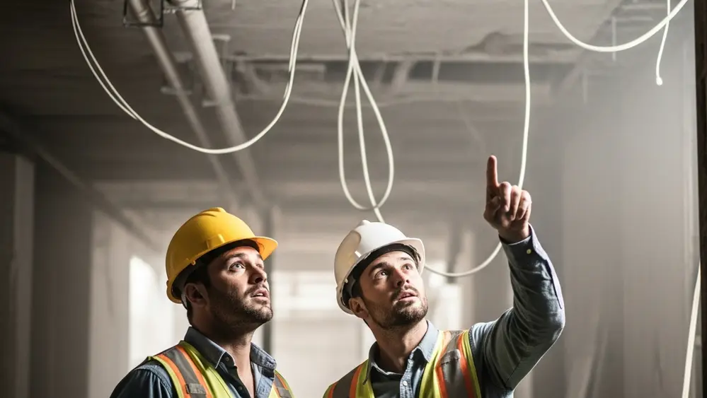Two construction workers in safety vests and hard hats standing near a dusty industrial renovation site, looking concerned while pointing toward a ceiling area.