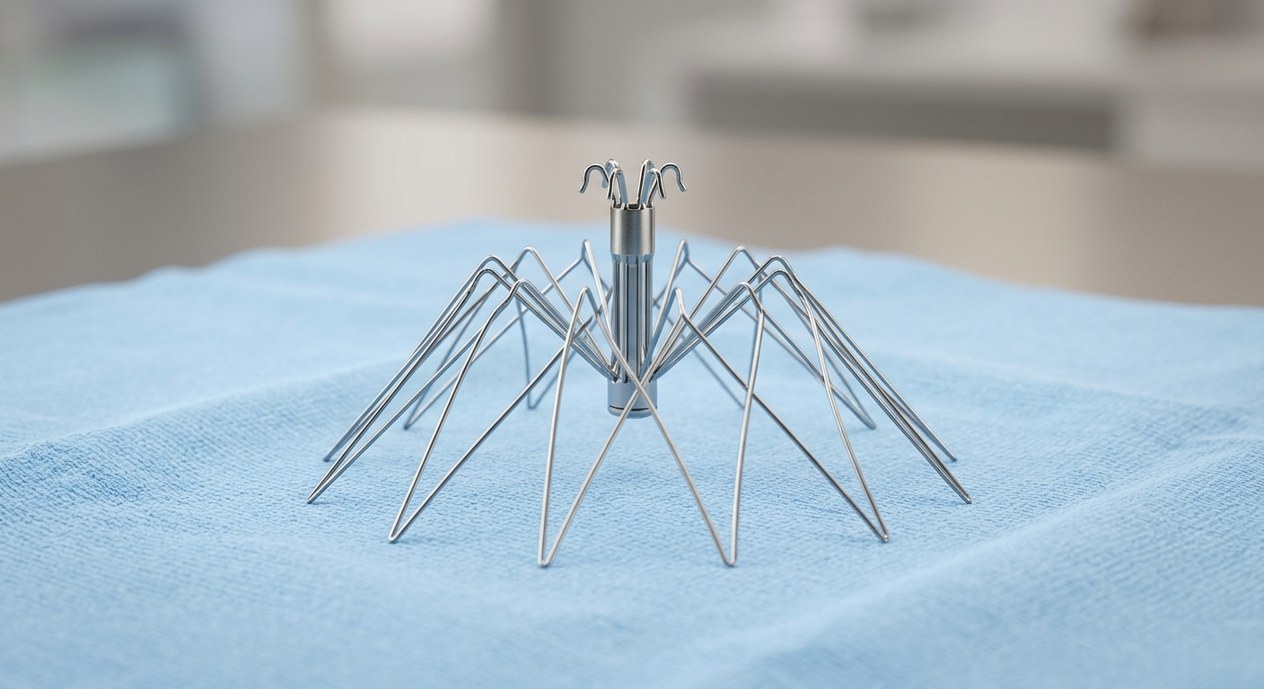 A metallic spider-like medical device, a Cook Celect IVC filter, shown in a clean studio setting with its thin wire struts fanning out, resting on a sterile blue surface.