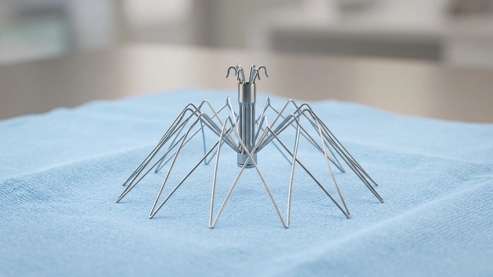 A metallic spider-like medical device, a Cook Celect IVC filter, shown in a clean studio setting with its thin wire struts fanning out, resting on a sterile blue surface.