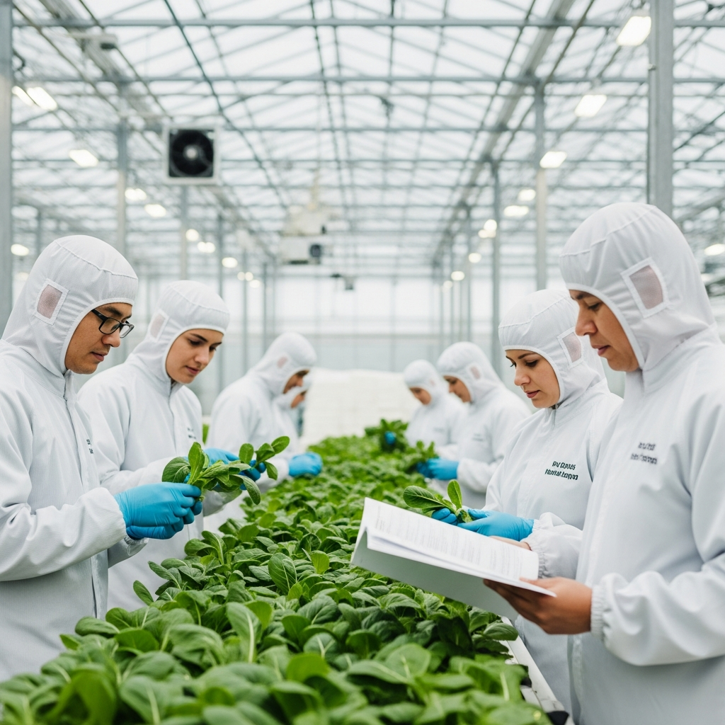 A group of workers in white cleanroom suits carefully inspecting green leafy plants inside a bright industrial greenhouse facility.