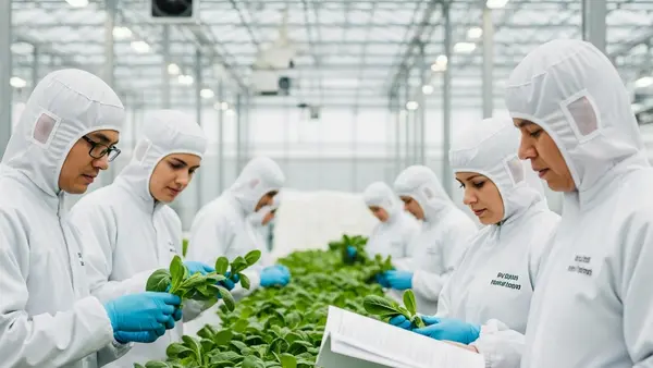 A group of workers in white cleanroom suits carefully inspecting green leafy plants inside a bright industrial greenhouse facility.