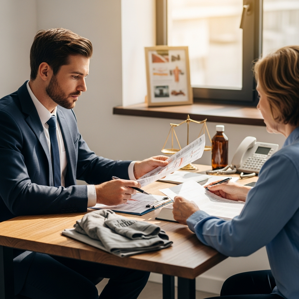 A focused professional in a business suit sitting across a wooden table from a middle-aged person, reviewing detailed medical charts in a sunlit office.