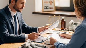 A focused professional in a business suit sitting across a wooden table from a middle-aged person, reviewing detailed medical charts in a sunlit office.