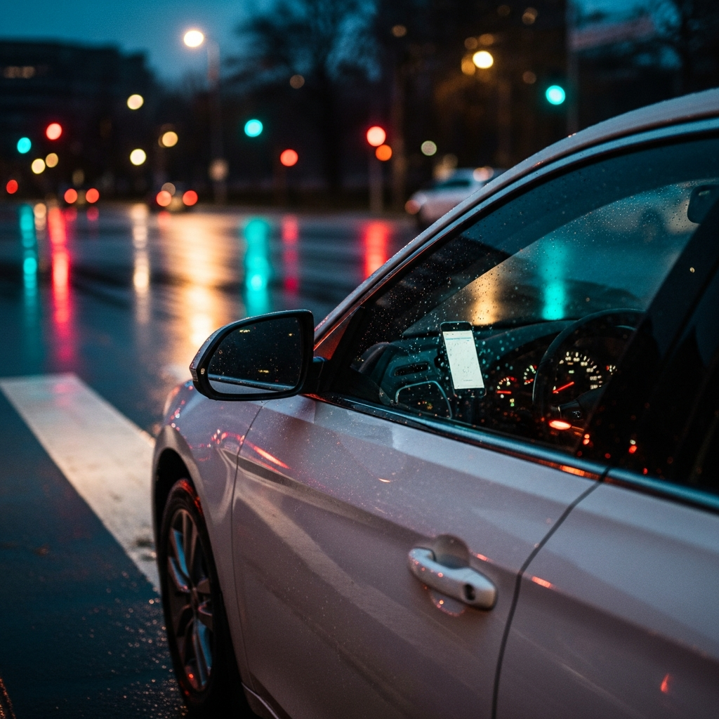 A white sedan stopped at a rainy city crosswalk at night, with a smartphone mounted on the dashboard glowing softly and blurred streetlights in the background.