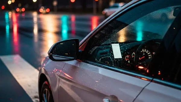 A white sedan stopped at a rainy city crosswalk at night, with a smartphone mounted on the dashboard glowing softly and blurred streetlights in the background.