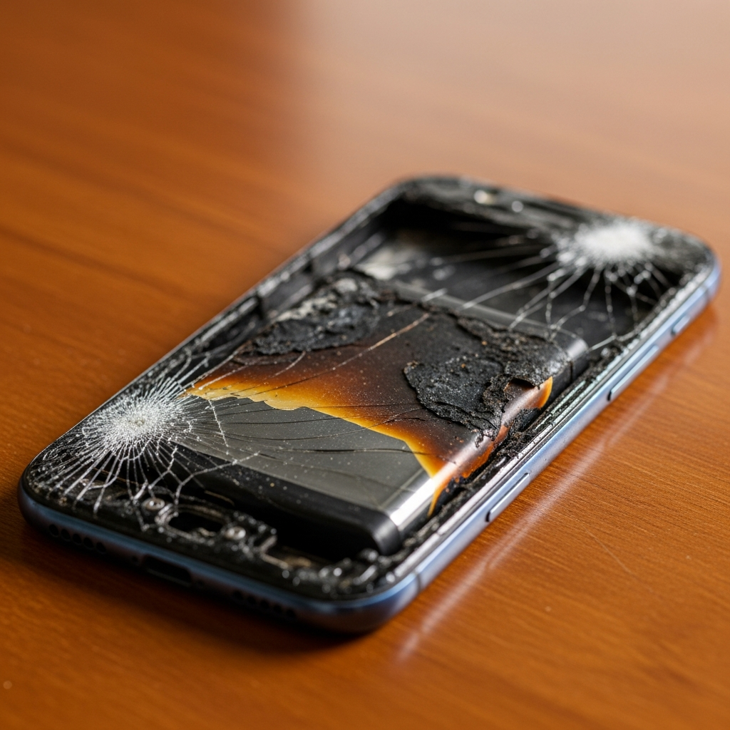 A modern smartphone with a cracked screen and scorched battery casing sits on a wooden table, showing signs of extreme heat and fire damage without visible logos.