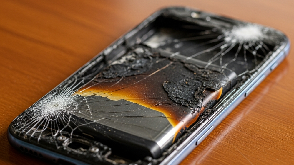A modern smartphone with a cracked screen and scorched battery casing sits on a wooden table, showing signs of extreme heat and fire damage without visible logos.