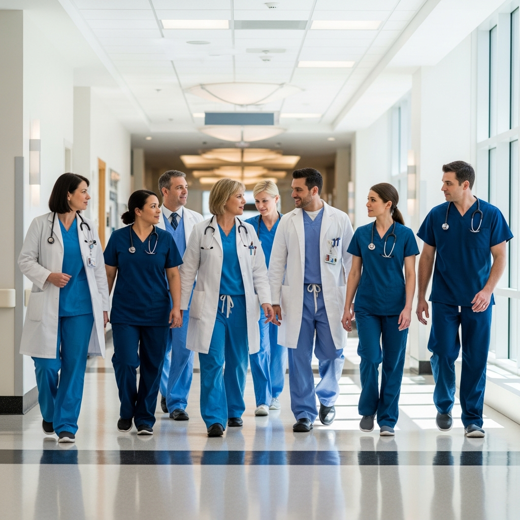 A group of medical professionals in scrubs walking through a bright, modern hospital corridor with polished floors and natural light.