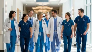 A group of medical professionals in scrubs walking through a bright, modern hospital corridor with polished floors and natural light.