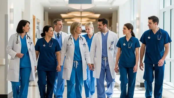 A group of medical professionals in scrubs walking through a bright, modern hospital corridor with polished floors and natural light.