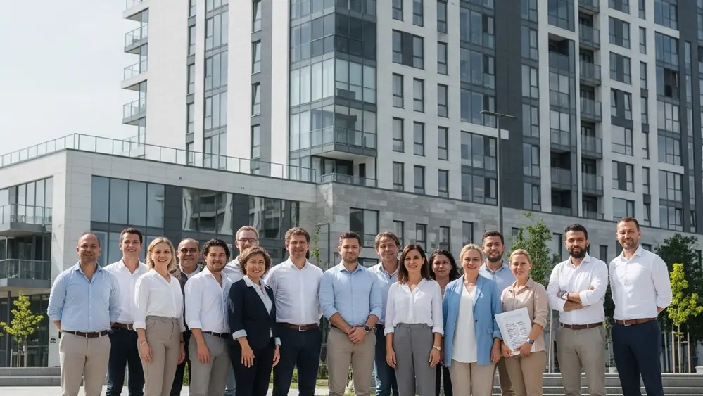 A group of diverse people standing in front of a modern high-rise apartment building on a sunny day.