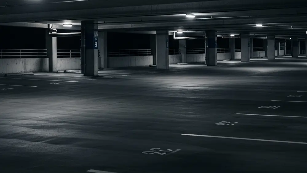 A dimly lit multi-level concrete parking garage at night with shadows stretching across empty parking stalls.