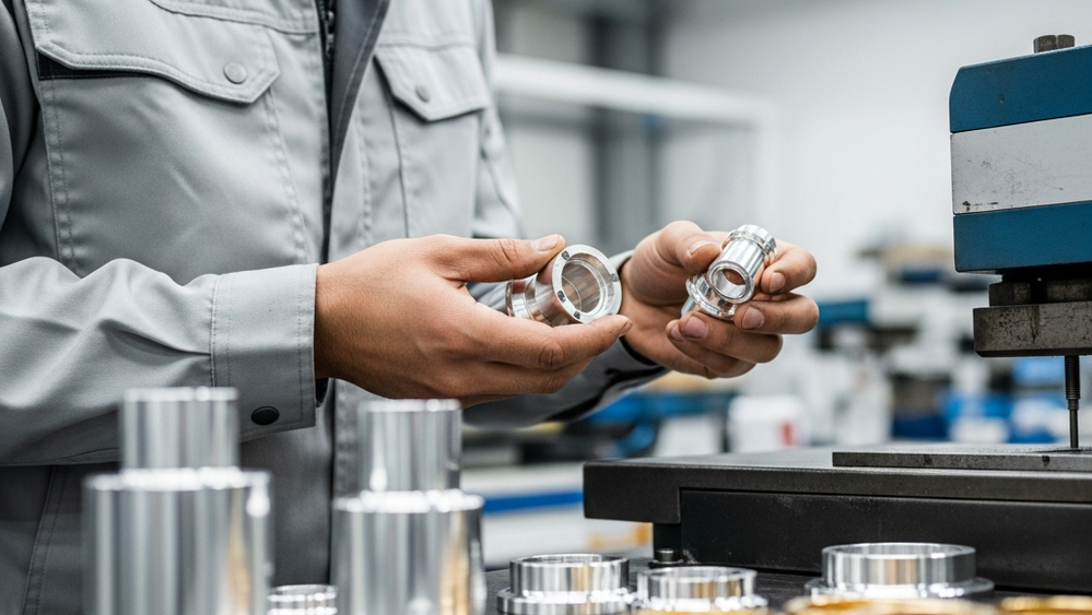 A metallurgical manufacturing worker in a clean industrial facility handling silver and gold metal components without any text or labels visible.