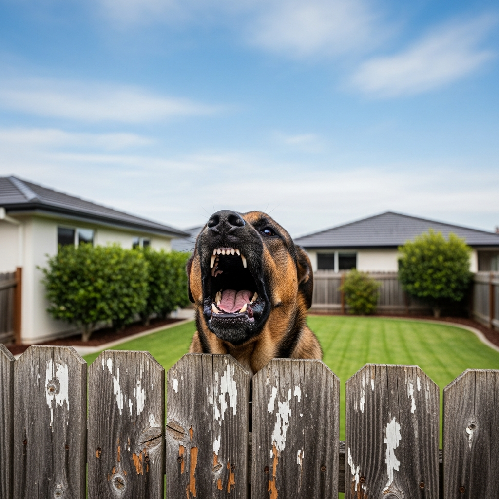A large, muscular dog barking behind a weathered wooden fence in a suburban residential backyard, with a house and a well-maintained lawn in the background.