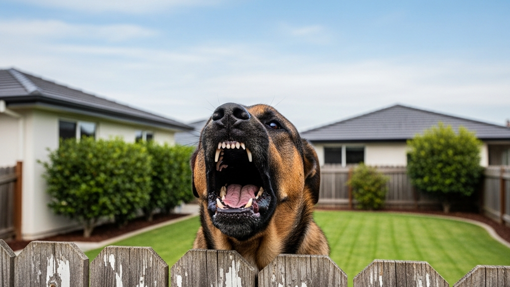 A large, muscular dog barking behind a weathered wooden fence in a suburban residential backyard, with a house and a well-maintained lawn in the background.