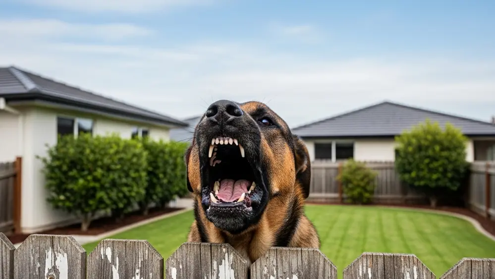 A large, muscular dog barking behind a weathered wooden fence in a suburban residential backyard, with a house and a well-maintained lawn in the background.