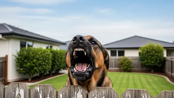 A large, muscular dog barking behind a weathered wooden fence in a suburban residential backyard, with a house and a well-maintained lawn in the background.