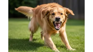 A golden-colored dog lunging forward with its mouth open, showing its teeth in a grassy backyard setting with no people visible.