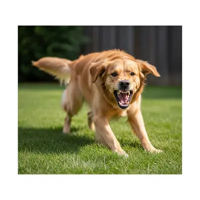 A golden-colored dog lunging forward with its mouth open, showing its teeth in a grassy backyard setting with no people visible.