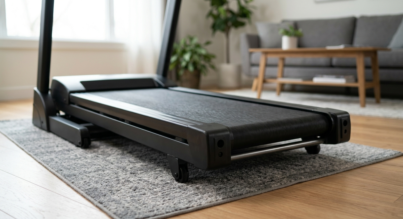 A sleek black Peloton-style treadmill in a home living room with a focus on the floor-level moving belt near the rear rollers.