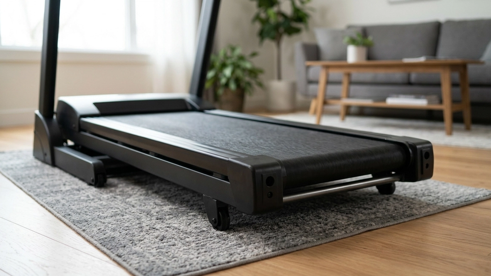 A sleek black Peloton-style treadmill in a home living room with a focus on the floor-level moving belt near the rear rollers.