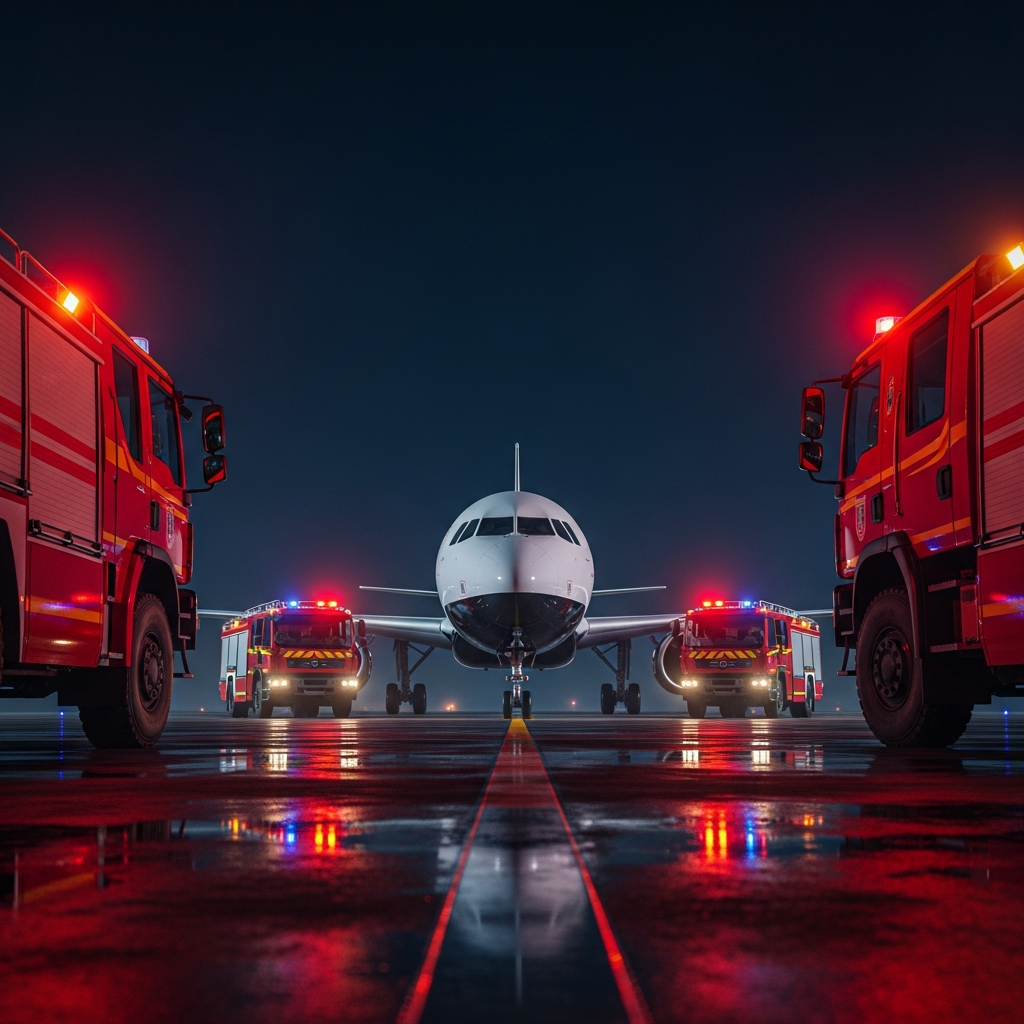 A white and black commercial airplane on a runway at night surrounded by several bright red airport fire trucks with flashing lights.