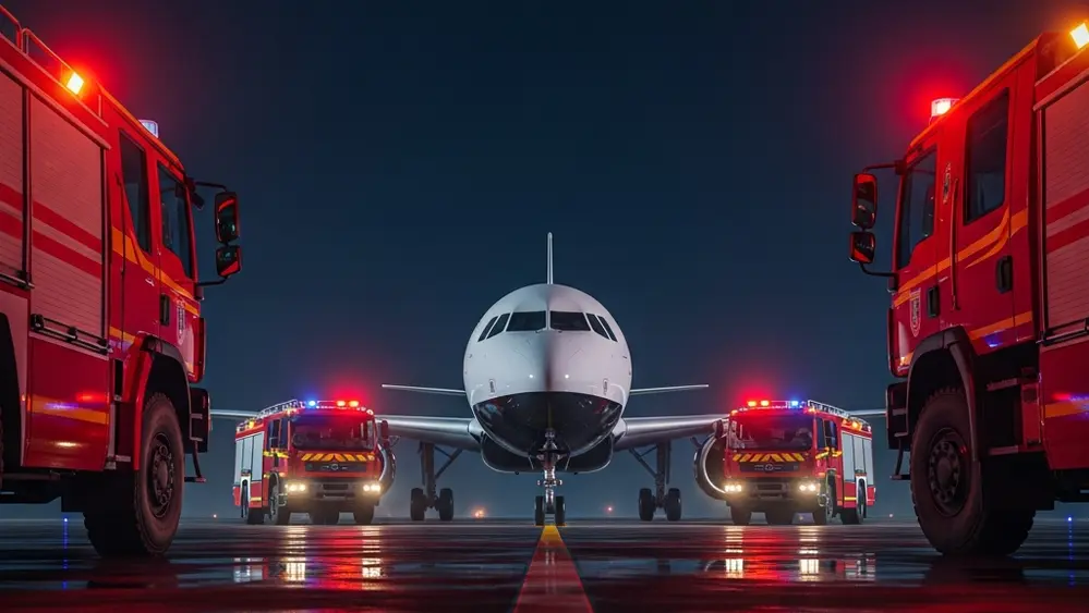 A white and black commercial airplane on a runway at night surrounded by several bright red airport fire trucks with flashing lights.