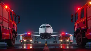 A white and black commercial airplane on a runway at night surrounded by several bright red airport fire trucks with flashing lights.