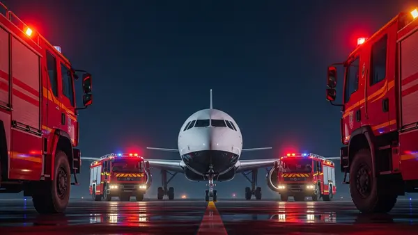 A white and black commercial airplane on a runway at night surrounded by several bright red airport fire trucks with flashing lights.