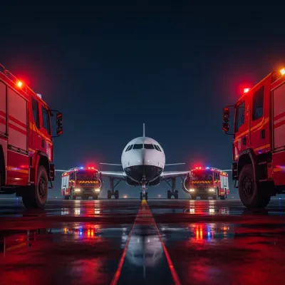 A white and black commercial airplane on a runway at night surrounded by several bright red airport fire trucks with flashing lights.