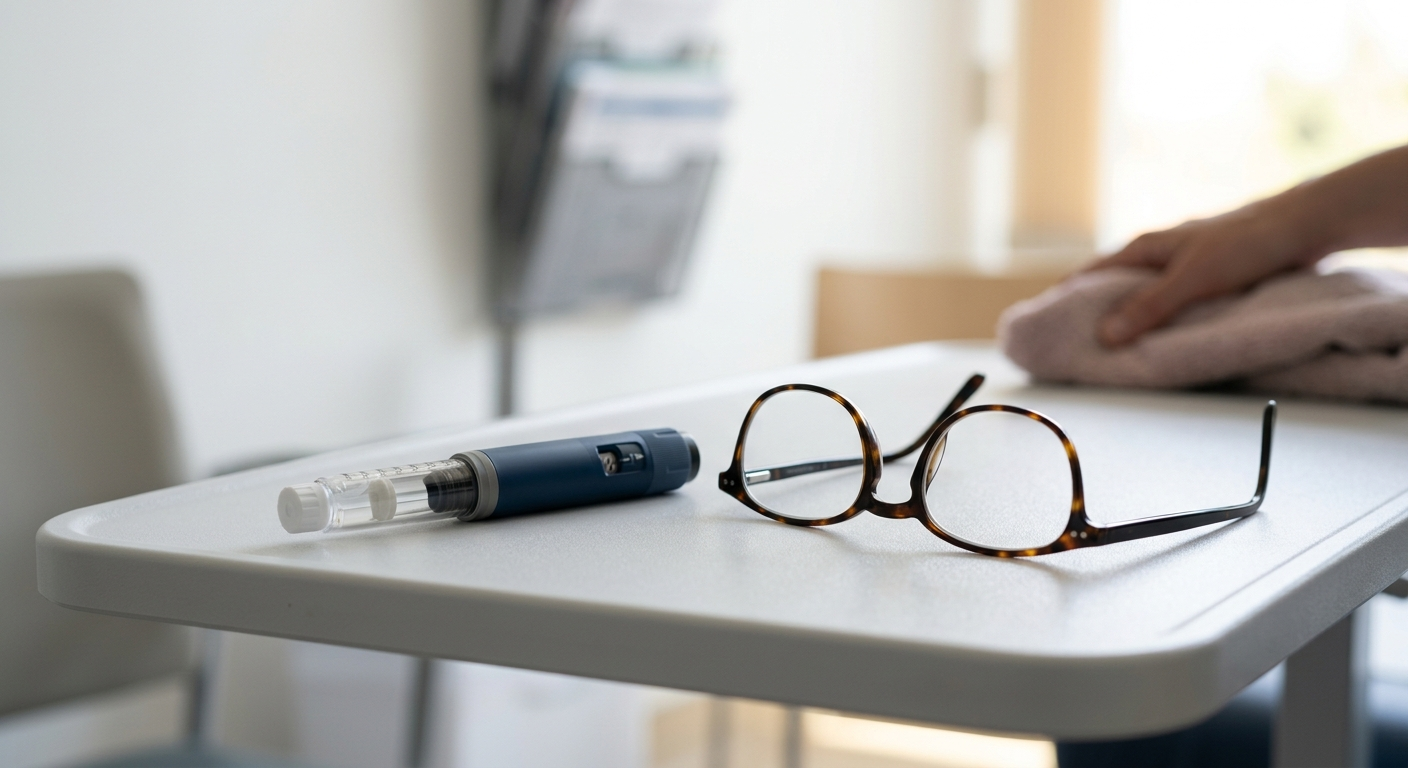A close-up of an Ozempic injection pen sitting on a white medical table next to a pair of eyeglasses, emphasizing the connection between medication and vision.