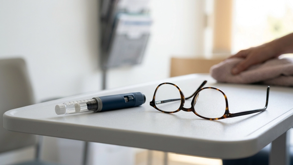 A close-up of an Ozempic injection pen sitting on a white medical table next to a pair of eyeglasses, emphasizing the connection between medication and vision.