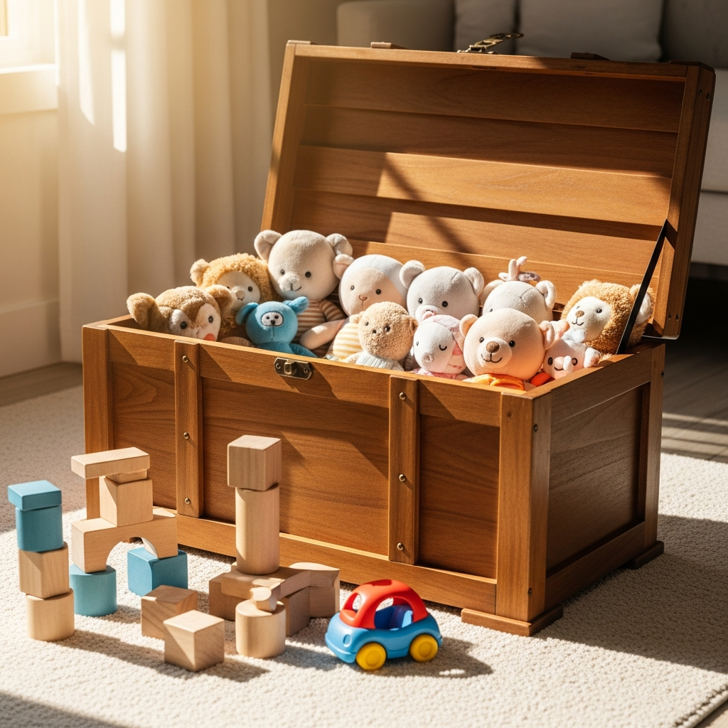 A wooden toy chest in a sunlit nursery with various plush dolls, wooden blocks, and a small colorful plastic toy car resting on a rug.